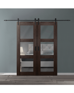 DOUBLE BARN DOOR AVON 3 LITE VETRO VERALINGA OAK 36" X 80" X 1 3/4" BLACK HARDWARE