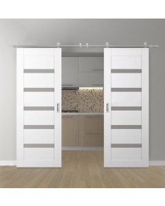 DOUBLE BARN DOOR LEORA VETRO SNOW WHITE 36" X 80" X 1 3/4" STAINLESS STEEL HARDWARE