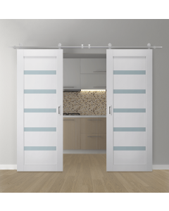 DOUBLE BARN DOOR LEORA VETRO BIANCO NOBLE 36" X 80" X 1 9/16" STAINLESS STEEL HARDWARE
