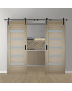 DOUBLE BARN DOOR LEORA VETRO SHAMBOR 36" X 80" X 1 3/4" BLACK HARDWARE