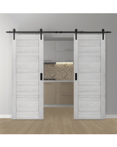DOUBLE BARN DOOR LOUVER RIBEIRA ASH 36" X 80" X 1 3/4" BLACK HARDWARE