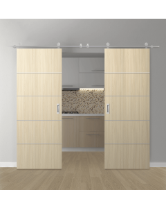 DOUBLE BARN DOOR OPTIMA 4H LOIRE ASH 36" X 80" X 1 3/4" SOLID CORE STAINLESS STEEL HARDWARE