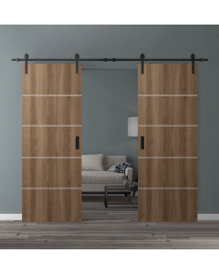 DOUBLE BARN DOOR OPTIMA 4H PECAN NUTWOOD 36" X 80" X 1 3/4" SOLID CORE BLACK HARDWARE