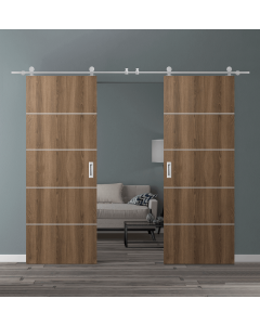 DOUBLE BARN DOOR OPTIMA 4H PECAN NUTWOOD 36" X 80" X 1 3/4" SOLID CORE STAINLESS STEEL HARDWARE