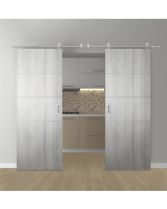 DOUBLE BARN DOOR OPTIMA 4H RIBEIRA ASH 36" X 80" X 1 3/4" SOLID CORE STAINLESS STEEL HARDWARE