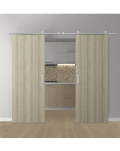 DOUBLE BARN DOOR OPTIMA 4H SHAMBOR 36" X 80" X 1 3/4" SOLID CORE STAINLESS STEEL HARDWARE