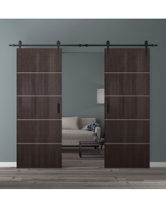 DOUBLE BARN DOOR OPTIMA 4H VERALINGA OAK 36" X 80" X 1 3/4" SOLID CORE BLACK HARDWARE