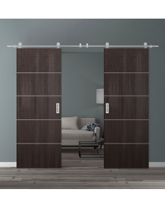 DOUBLE BARN DOOR OPTIMA 4H VERALINGA OAK 36" X 80" X 1 3/4" SOLID CORE STAINLESS STEEL HARDWARE