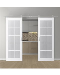 DOUBLE BARN DOOR PALLADIO 10 LITE VETRO BIANCO NOBLE 36" X 80" X 1 9/16" TEMPERED FROSTED GLASS STAINLESS STEEL HARDWARE