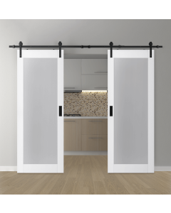 DOUBLE BARN DOOR PALLADIO 207 VETRO BIANCO NOBLE 36" X 80" X 1 9/16" TEMPERED FROSTED GLASS BLACK HARDWARE