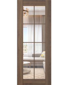 DOOR SLAB AVON 8 LITE CLEAR VETRO PECAN NUTWOOD 18" X 84" X 1 3/4" TEMPERED CLEAR GLASS