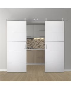 DOUBLE BARN DOOR OPTIMA 4H SNOW WHITE 72" X 96" X 1 3/4" SOLID CORE STAINLESS STEEL HARDWARE