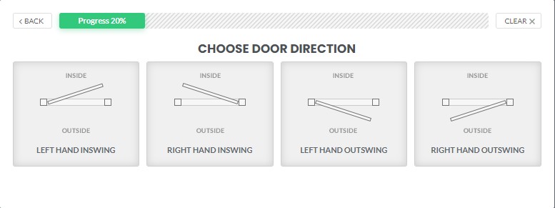 At DoorDesignLab the door swing is choosen at the stage 4 of the configuration process Door swings
